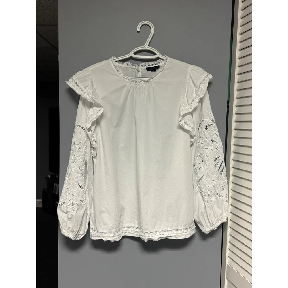 J.Crew‎ White Cotton Lace Trim Ruffle Sleeve Broderie Anglaise Blouse Top M